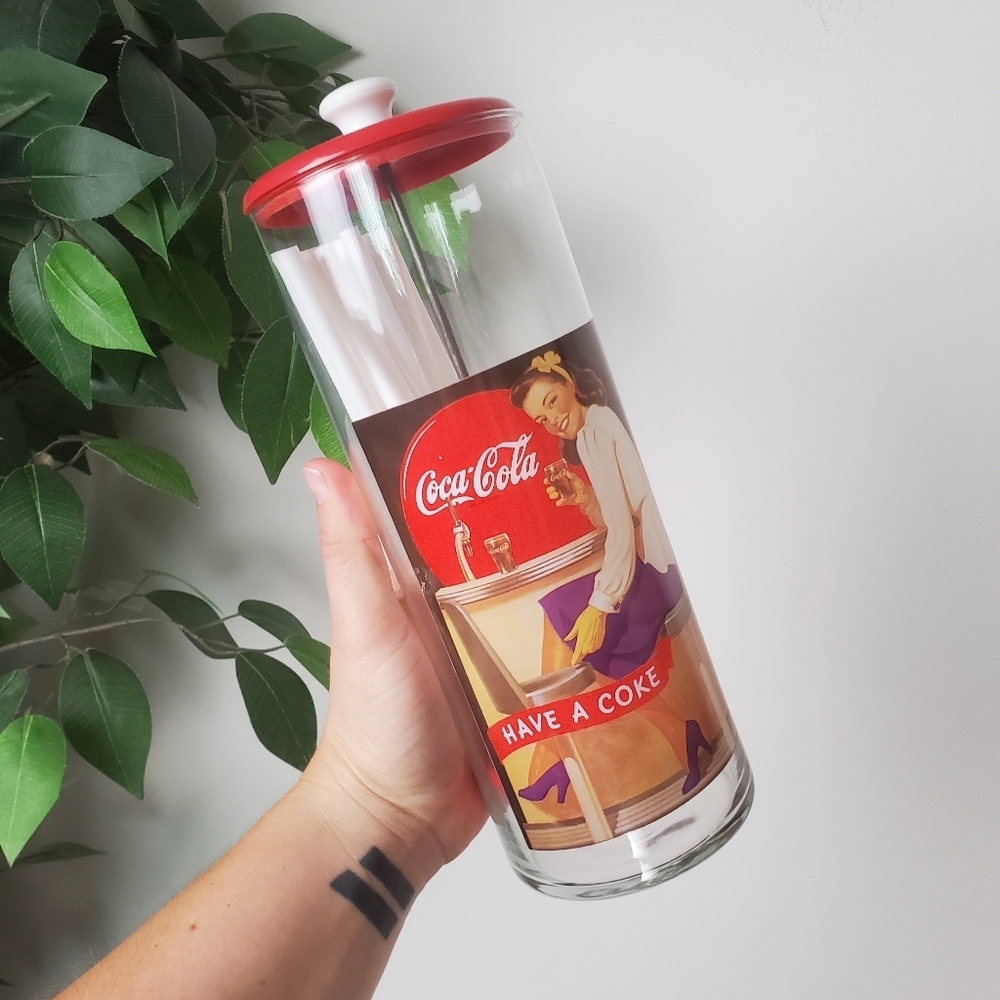 Vintage Coca Cola Glass Straw Holder Dispenser Red White Clear
